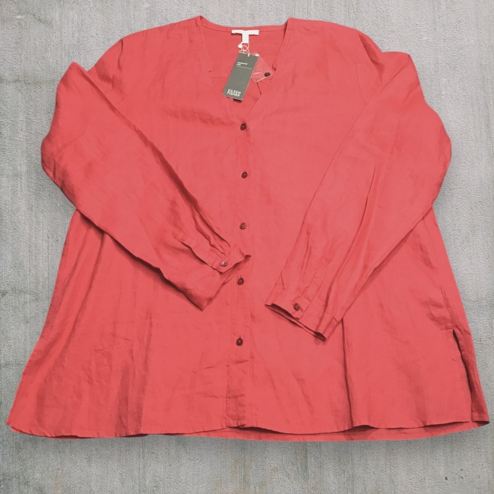 Eileen Fisher Handkerchief Irish Linen Coral Red Button Front Top Large NWT